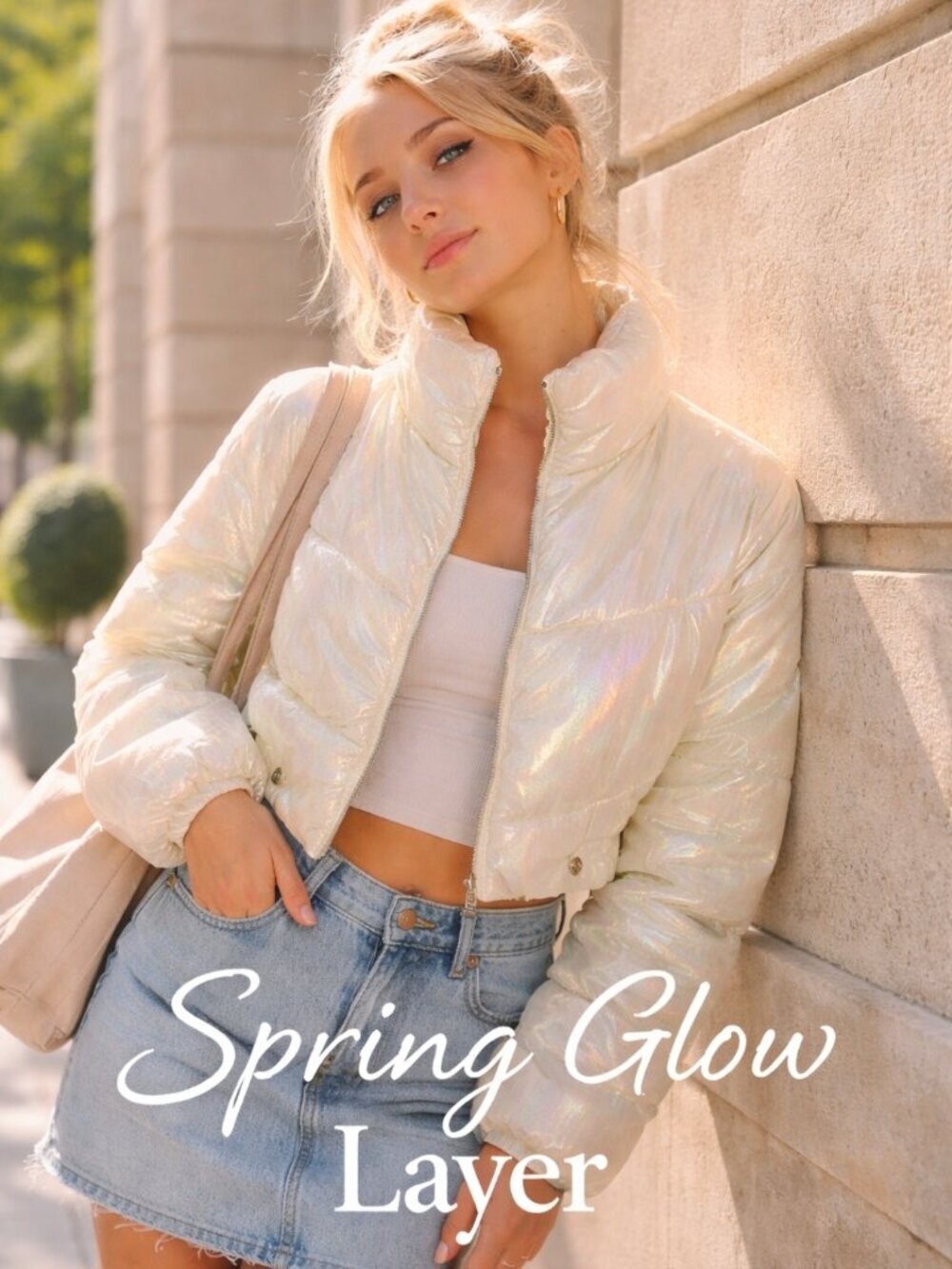 Iridescent White Cropped Puffer Jacket Spring Glow Lightweight Statement Coat